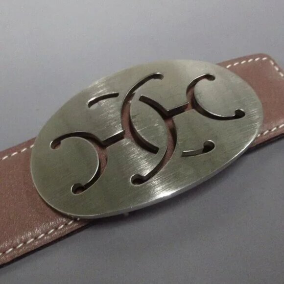 100% Auth HERMES Double H Brown Cream Leather Hardware square K Belt 364-102724 - Picture 3 of 7